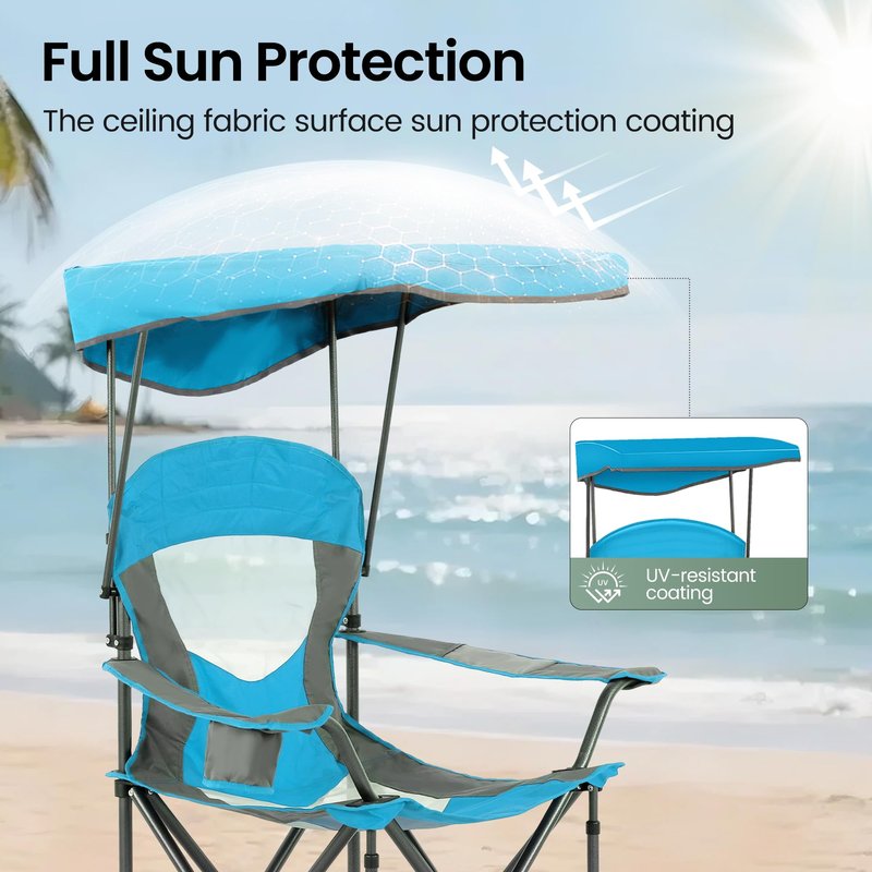 HIGH POINT SPORTS Camping Chairs with Shade, Heavy Duty Canopy Lounge Chair Sunshade Hiking Travel Chair with Cup Holder for Outdoor, Camping, Beach and Patio, Enamel Blue