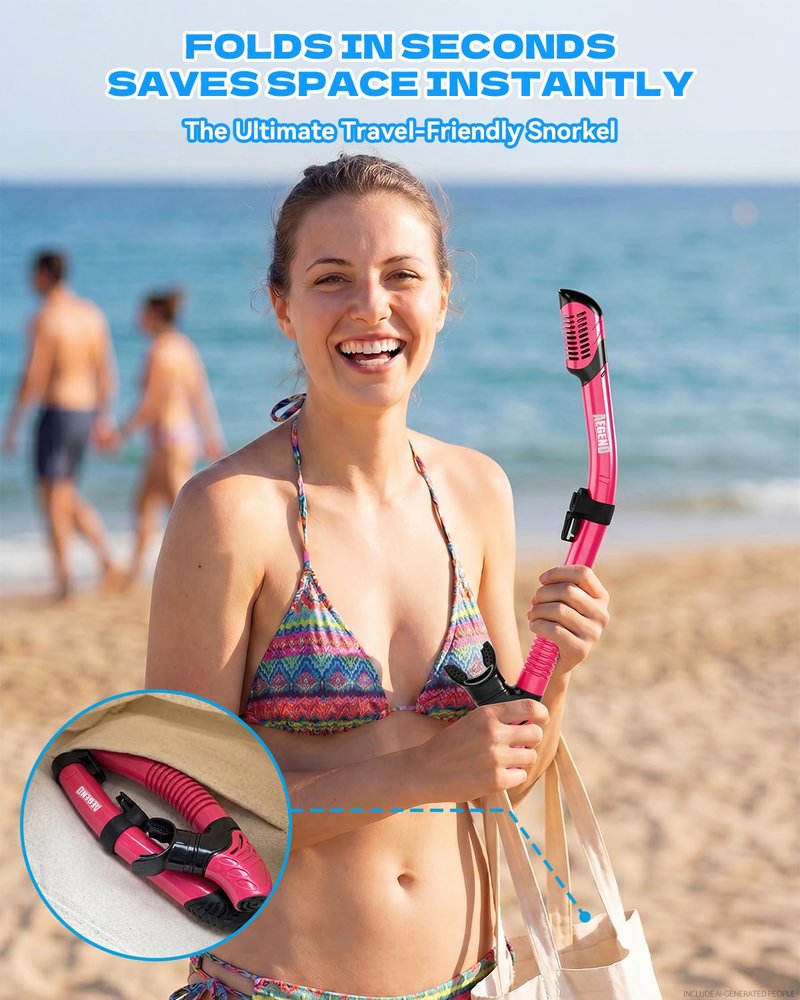 Aegend Diving Dry Snorkel for Adult & Youth - Foldable Snorkeling Gear with Top Dry Valve, Perfect for Snorkeling, Freediving, Swimming and Scuba Diving (Cyan & Rose Red)