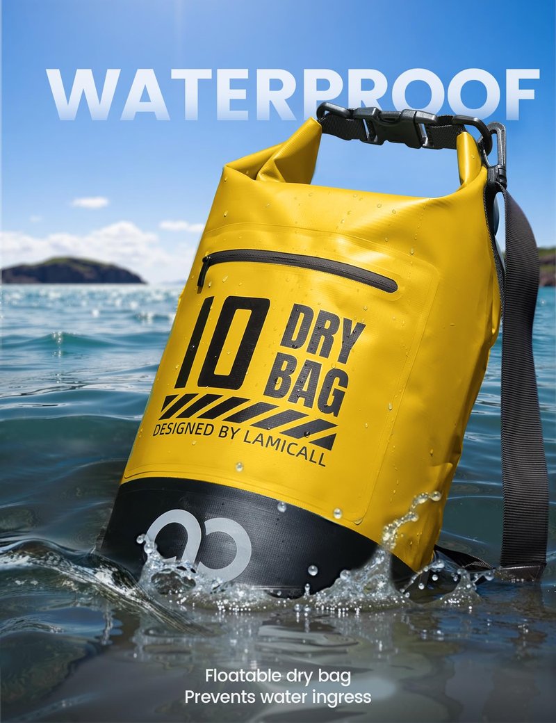 Lamicall Waterproof Dry Bag with Phone Pouch - 5L/10L/20L/30L/40L Floating Roll Top Backpack for Kayaking Boating Beach Camping Fishing - Heavy Duty 500D PVC Marine Dry Sack for Men,Women, Yellow 10L