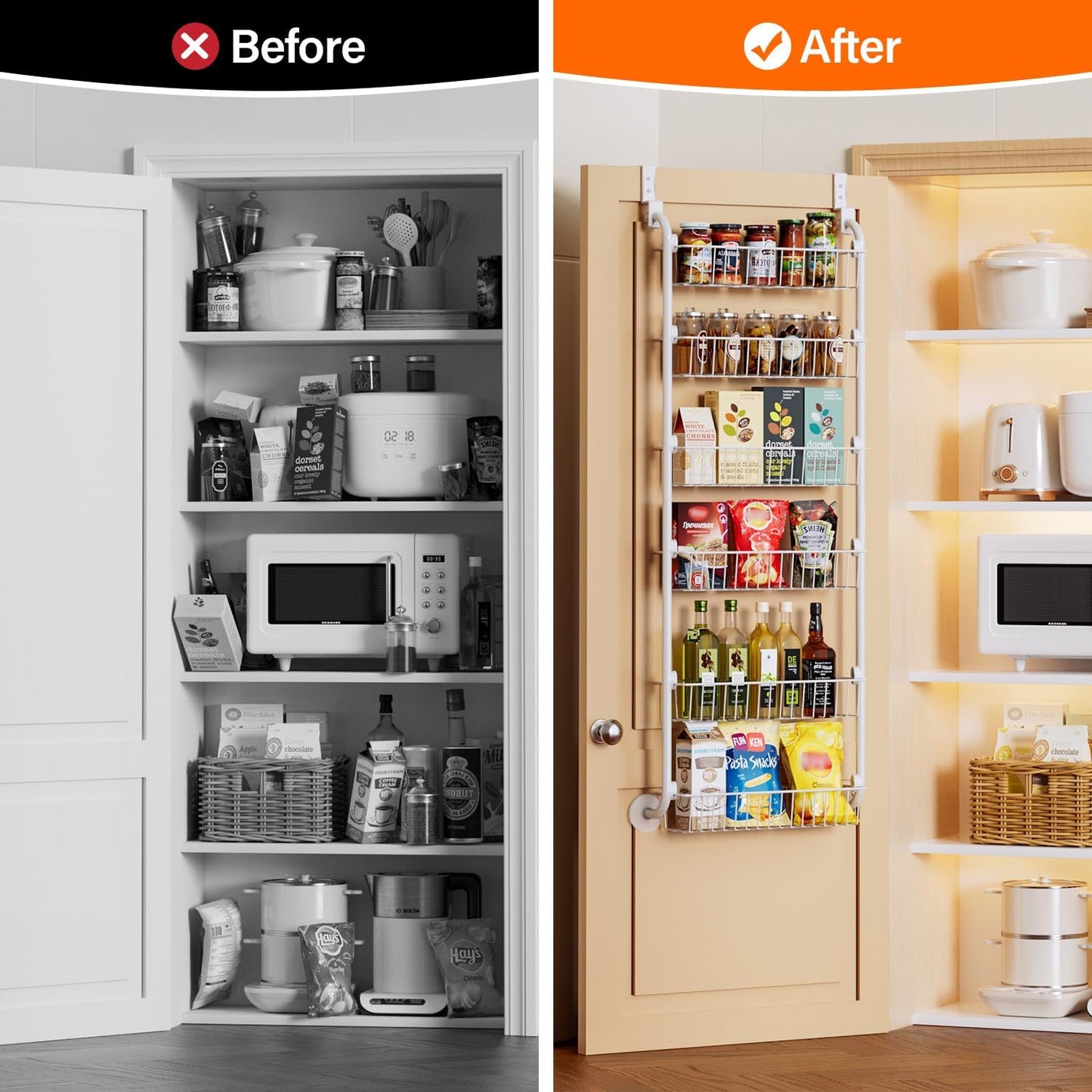 Delamu Over the Door Pantry Organizer, 6-Tier Pantry Organizers and Storage, Metal Cabinet Door Organizer, Hanging Spice Rack Shelves for Home & Kitchen, D5 x W18 x H50 inch, White