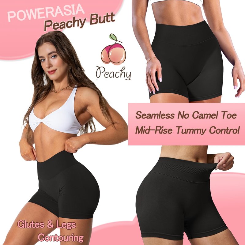 POWERASIA 4.5" Workout Impact Shorts Hidden Scrunch Butt Lifting Gym Booty Biker Shorts for Women Tummy Control Black