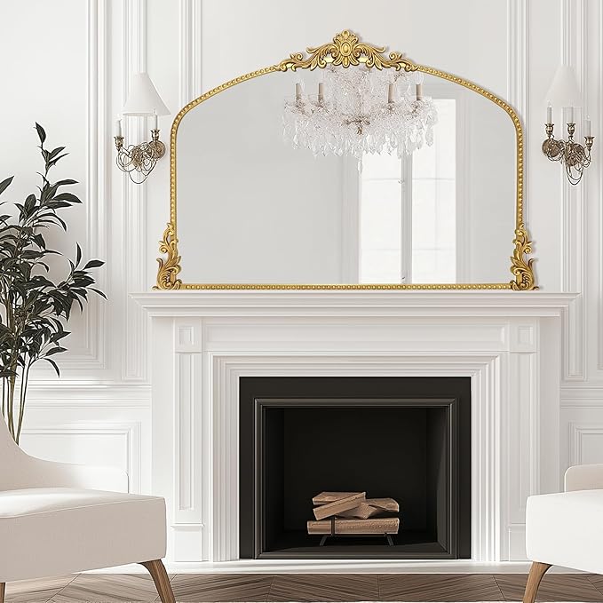 Growsun Vintage Gold Arched Mirror, 40’’x30’’ Antique Baroque Ornate Wall Mirror Decor with Full Metal Frame for Fireplace/Entryway/Living Room/Bathroom
