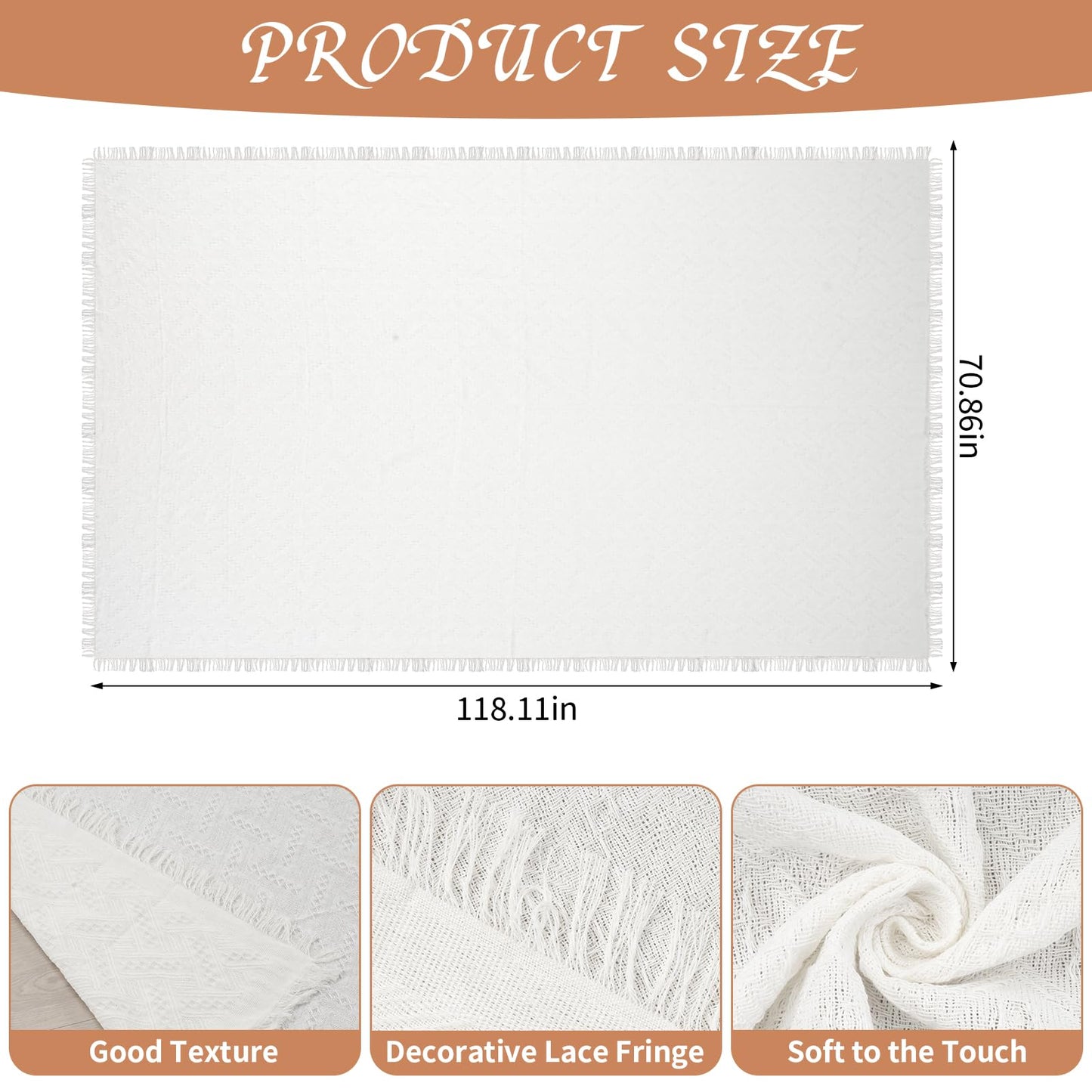 YEXEXINM Extra Large Outdoor Picnic Blanket 118" x 71" Oversize Woven Cotton Yarn Beach Blanket with Fringe, Machine Washable Portable Blanket for Camping, Beach, Park, Fits 6 to 9 Adults (White)
