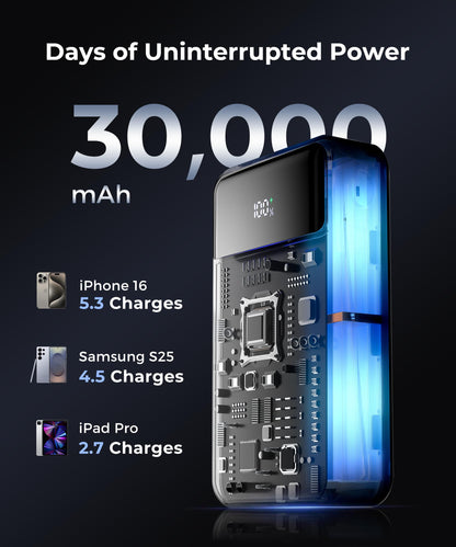 Portable-Charger-Power-Bank Travel Essentials Battery Pack USB C 30000mAh Built in Cable 22.5W Phone Fast Charging Powerbank Compatible with iPhone 16 15 14 13 12 11 iPad Samsung Google Xiaomi