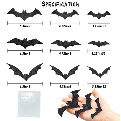 FOIMAS 144pcs Halloween Bat Wall Decor,3D Black Glitter Bats Wall Stickers Decal for Halloween Home Decoration Party Supply