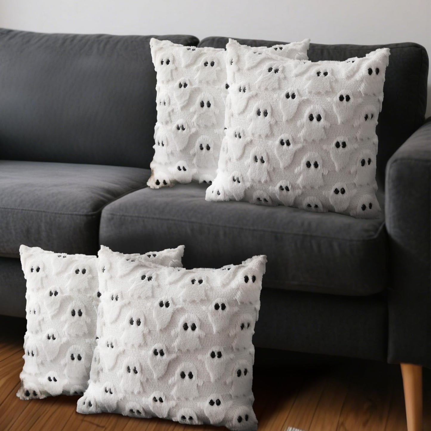 4 Pcs Halloween Throw Pillow Covers 18x18, Soft Faux Fur Pillow Cases Decorations, Fluffy Plush Accent Couch Cushion Case for Halloween Chair Sofa Bedroom Living Room Home Decor(Ghost A)