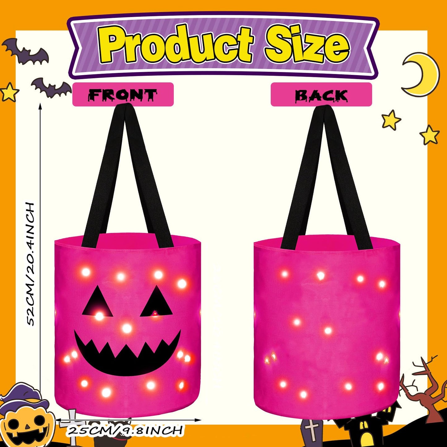 Sadnyy 3 Pcs Halloween Trick or Treat Bags Light up for Kids Pumpkin Candy Bucket LED Halloween Treating Baskets Reusable Goody Tote Bag for Party Favor Supplies(Pink, Blue, Orange)