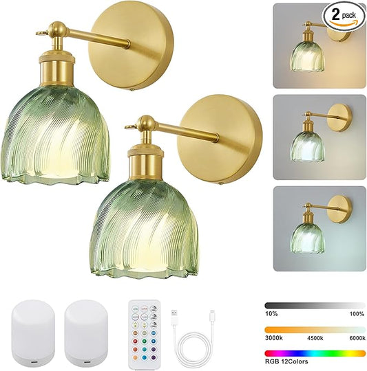 Vintage Battery Powered Cordless Wall Sconce Set of 2, Battery Wall Sconce with Green Glass Lampshade, Rechargeable Battery Powered Wall Lights with Remote Control for Bedside Bedroom Doorway