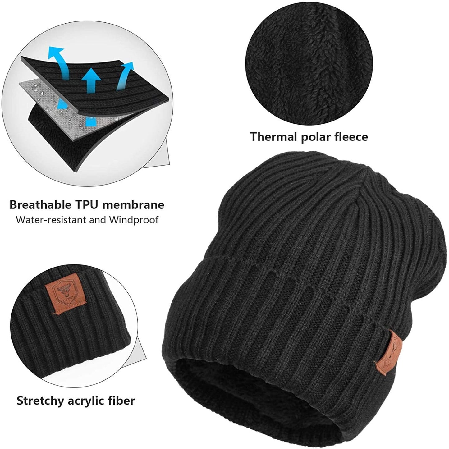 OZERO Winter Beanie Hat for Men and Women: Warm Knit Skull Hat with Thermal Thick Polar Fleece Lining Snow Cap Winter Gifts for Family and Friends - Black