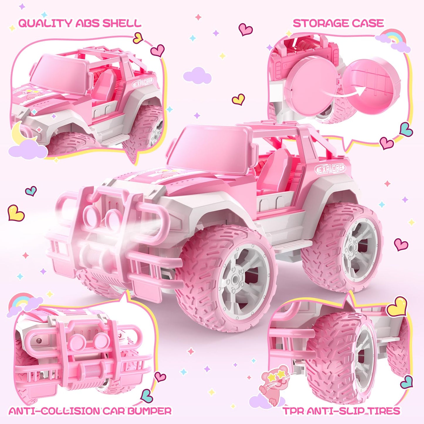 DEERC Remote Control Cars with Windmill, 1:18 Scale Jeep RC Car, 80 Min Playtime LED Light Off-Road Pink Radio Monster RC Trucks with Auto Mode, Storage Case Toys Car Gifts for Girls Kids 3 4 5 6 7 8