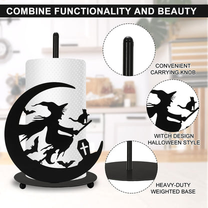 JarThenaAMCS Halloween Paper Towel Holder Black Witch Kitchen Decor Accessories for Home Bathroom, Large Metal Towel Holder Stand for Countertop