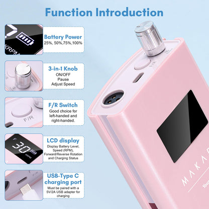 Makartt Electric Nail Drill - 35000RPM Rechargeable Efile with Coreless Motor, Nouvella Portable Nail Filer Machine for Acrylic Gel Removal with Drill Bits Set, Black