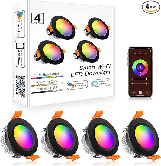 YGS-Tech Smart 2 Inch Recessed Lighting, WiFi LED Downlight 5W 120V, Compatible with Alexa and Google Home, Dimmable RGB & CCT 2700-6500K, Black Trim, LED Ceiling Light with Driver (4 Pack)
