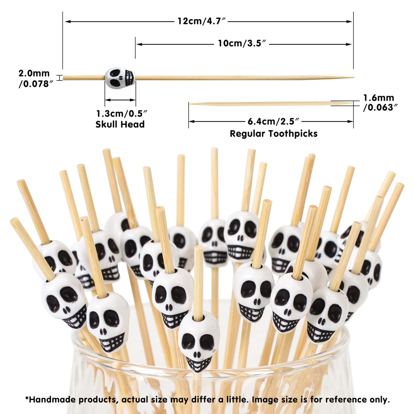 Minisland Halloween White Skull Cocktail Picks, 4.7 Inch Long Bamboo Fancy Toothpicks for Appetizers, Decorative Fall Holiday Party Food Drinks Garnish Fruit Kabob Skewer Sticks 100 Counts - MSL127W