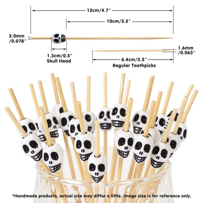 Minisland Halloween White Skull Cocktail Picks, 4.7 Inch Long Bamboo Fancy Toothpicks for Appetizers, Decorative Fall Holiday Party Food Drinks Garnish Fruit Kabob Skewer Sticks 100 Counts - MSL127W