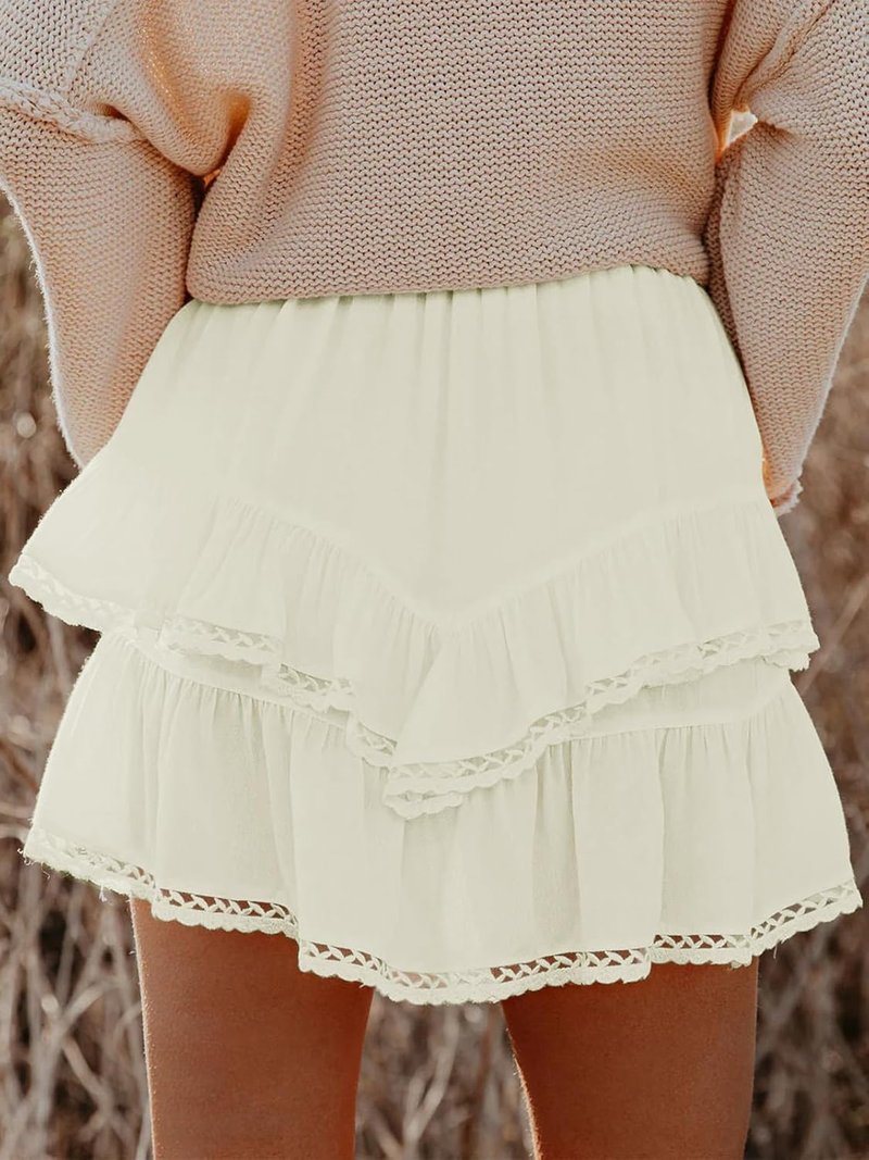 Flowy Shorts for Women - Casual Boho Ruffle Tiered Skorts | High Waist Mini Golf Tennis - Light Yellow L