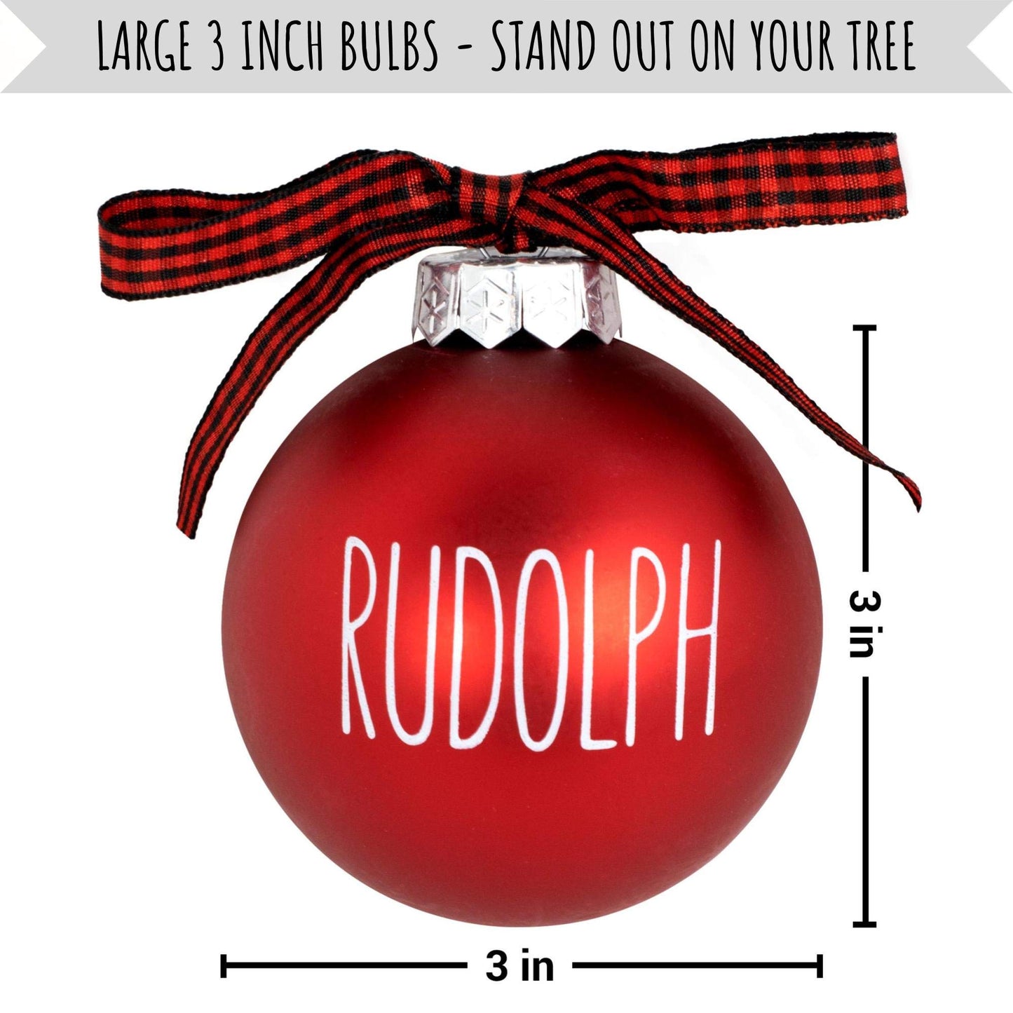 Buffalo Plaid Christmas Tree Ornaments - Set of 9 Shatterproof Bulbs - Farmhouse Reindeer Ornaments with Buffalo Check Bow - Compatible with Rae Dunn Rustic Decorations - Matte White & Red for Rudolph