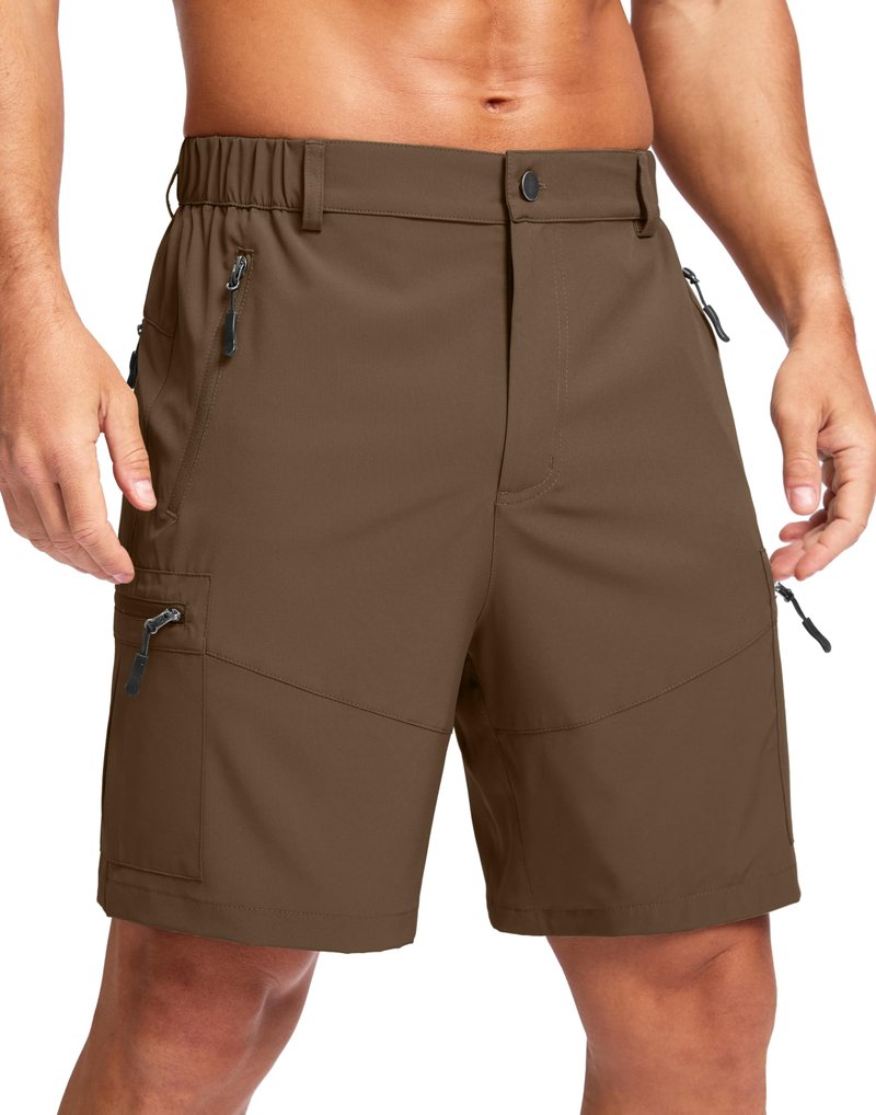 Pudolla Men's Hiking Cargo Shorts Lightweight 7" Travel Casual Shorts for Men Golf Work Outdoor with 5 Zipper Pockets(Brown Large)