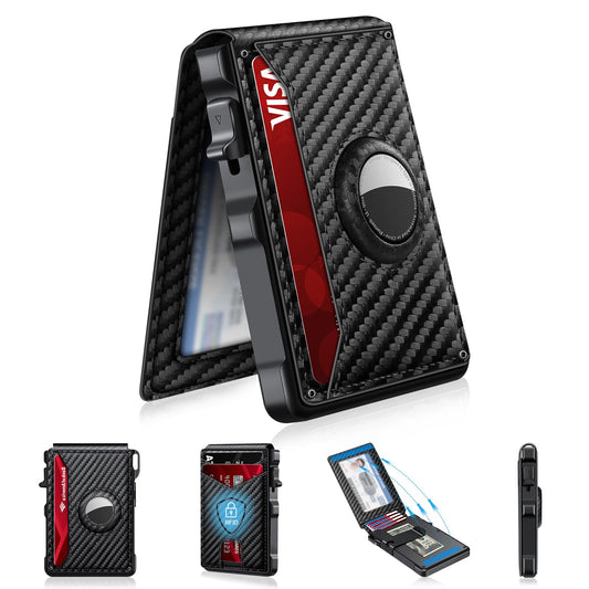 Airtag Wallet for Men, Mens Smart Wallet for Air Tag RFID Blocking, Minimalist Bifold Pop Up Aluminum Credit Card Case Holder 12+ Cards with ID Window, Gift for Men, No Airtag Included, Carbon Fiber