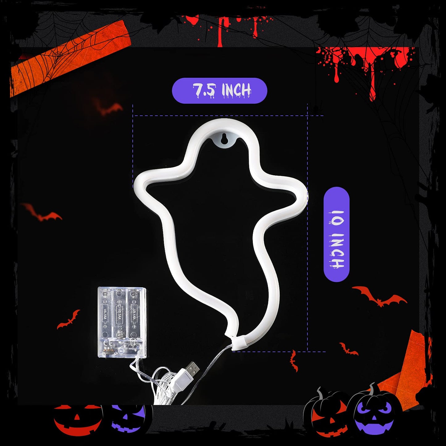 Neon Ghost Sign LED Neon Light Halloween Decoration Ghost Indoor Night Light with Battery or USB Power for Bedroom Birthday Party Wedding Blue