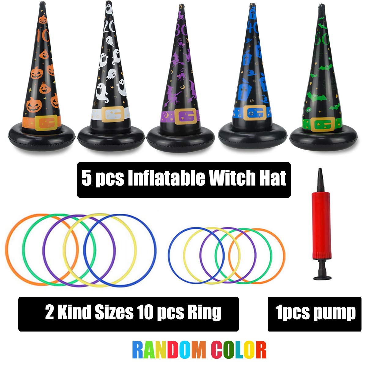 Halloween Party Toys Games, Inflatable Witch Hat Ring Toss Game with Points, Plastic Ring Toss, Air Pump Halloween Carnival Indoor Outdoor Game Garden Toys for Kids Adults Family Games Supplies