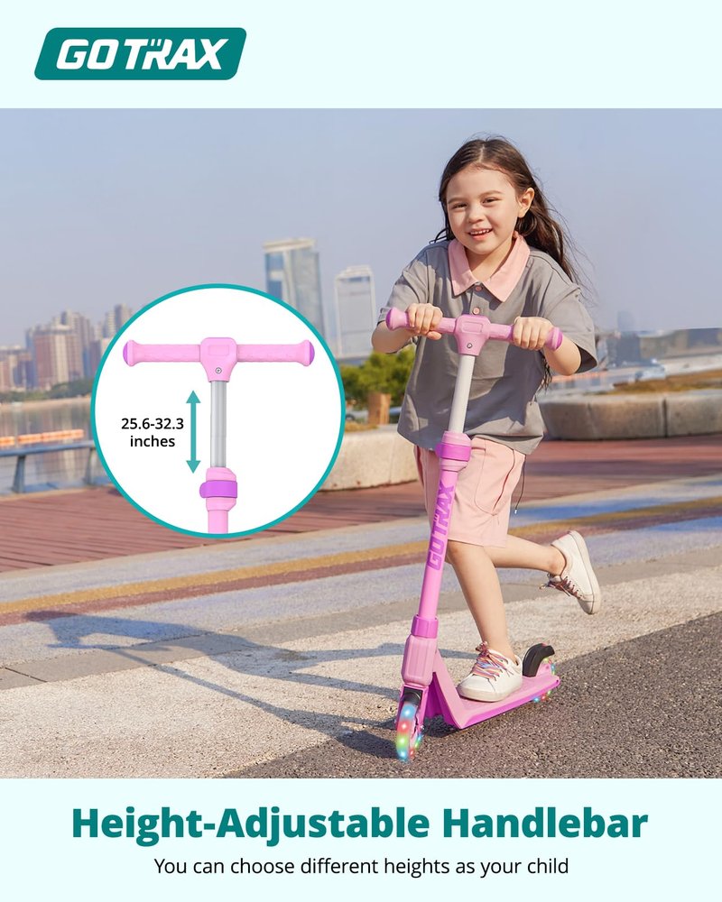 Gotrax K03 Kick Scooter for Kids, 5" LED Lighted Wheels and Adjustable Handlebars, Lightweight Design and Anti-Slip Deck, Max Load 110 Lbs, Kids Scooter for Boys & Girls Ages 3+, Pink