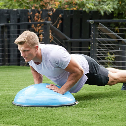 Bosu Balance Ball Exercise Trainer, Home Gym Equipment w/ Guided Workouts & Pump, 26", Blue - Inflatable Fitness Platform for Strength Training, Standing, Balancing, and Core Workout