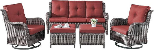 Rilyson Wicker Patio Furniture Set - 5 Piece Rattan Outdoor Sectional Conversation Sets with 2 Rocking Swivel Chairs,2 Ottomans and 1 Sofa for Porch Deck Garden(Mixed Grey/Red)