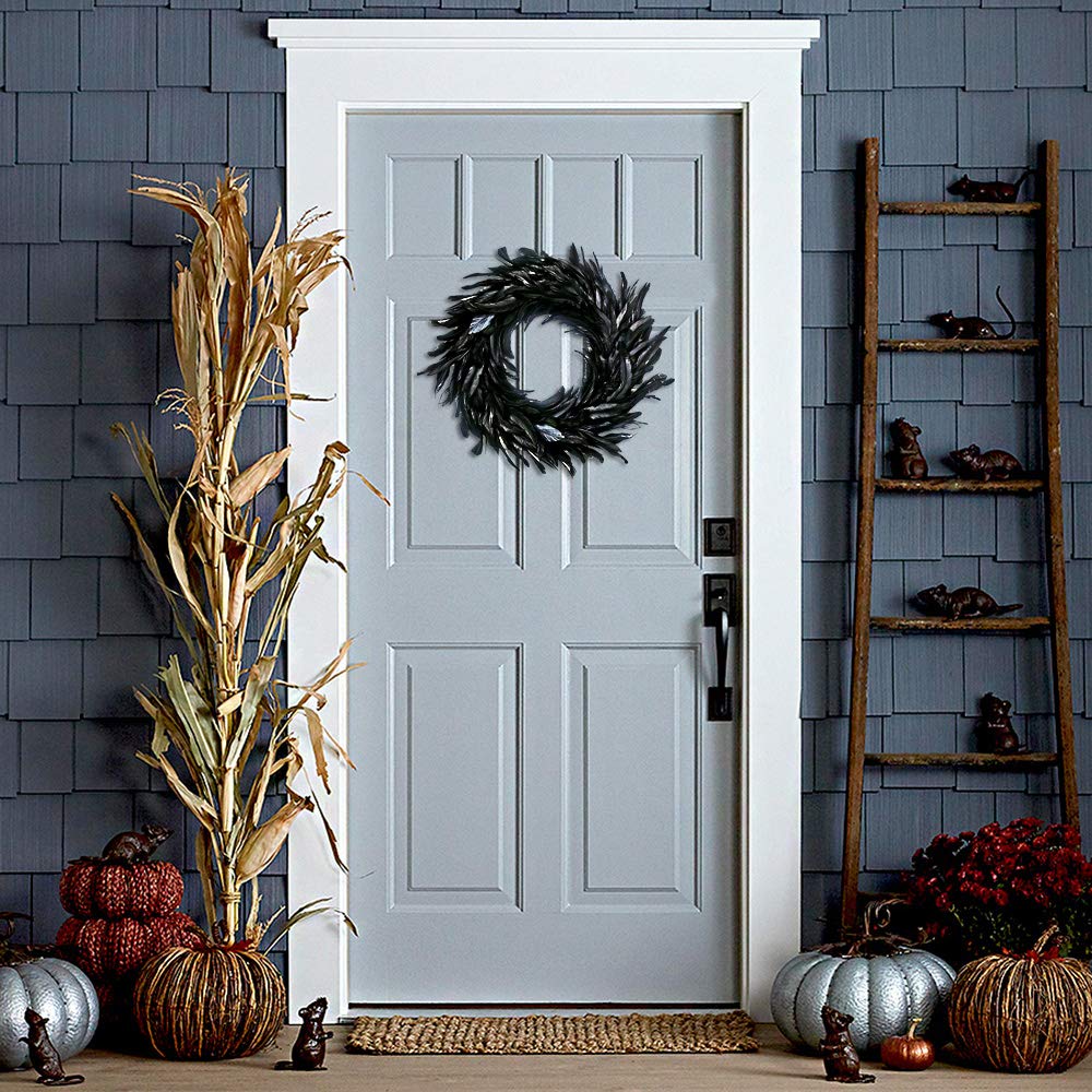MOVINPE Black Feather Wreath - 14.9'' Natural Cocktail Feather Wreath, Halloween Photo Props, Front Door Decor Witch Spooky Scene Party Decorations