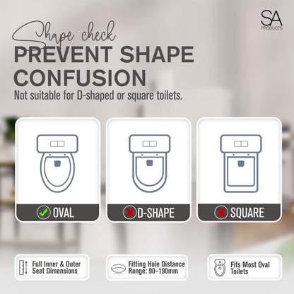 SA Products Quick Release Toilet Seat - with Soft Close & Quick Release Hinges for Easy Cleaning - Universal Bathroom Bowl Seating with Thermoset Lid, ABS Cylinder, Fixings - 44.1x36.5x5cm, White