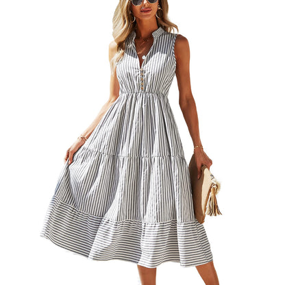 BROVAVE Womens 2025 Summer Sleeveless Shirt Dress Collar Striped V Neck Casual Midi Dresses(Gray, S)