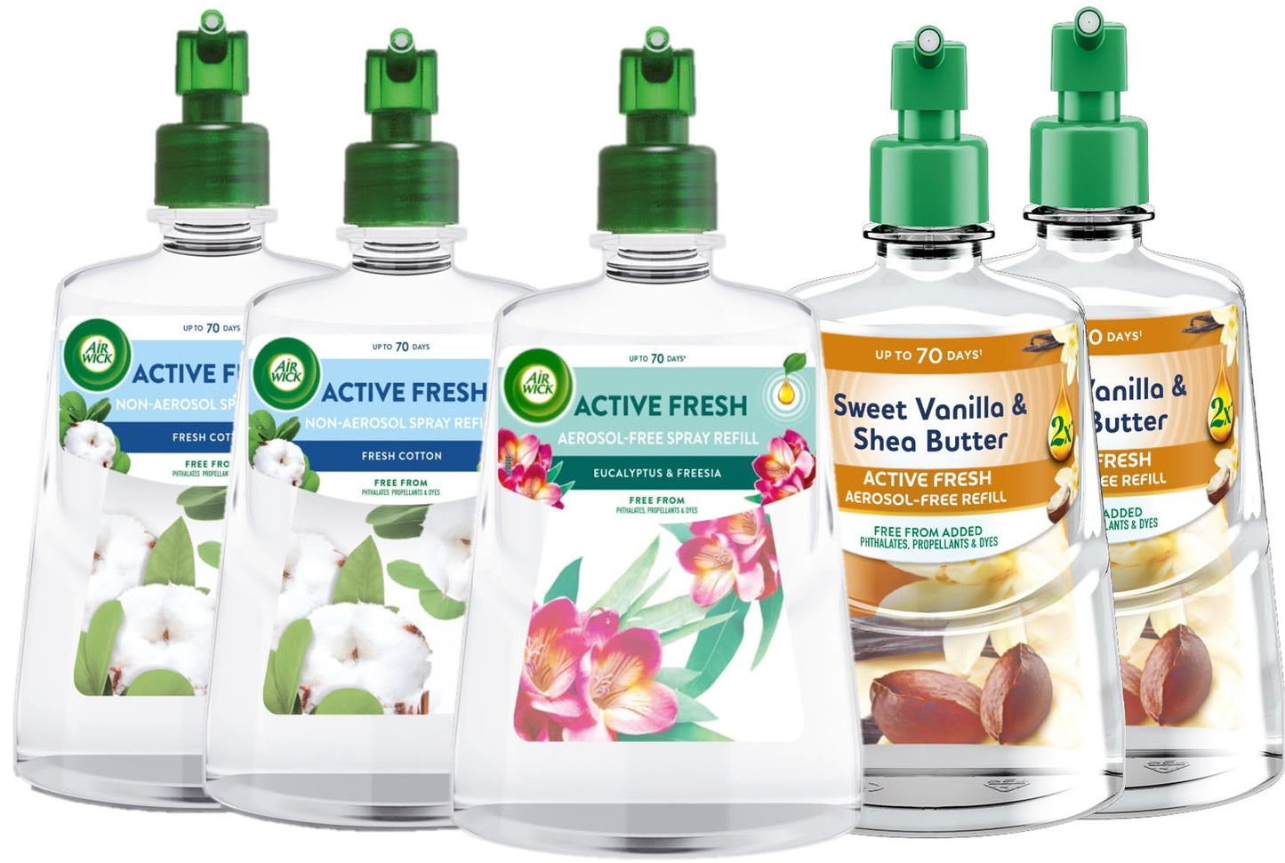 Air Wick Aerosol-Free Automatic Air Freshener Spray | 24x7 Active Fresh Odour Neutraliser | Lasts Up to 3x70 Days (5 Refills, Sweet Vanilla & Shea Butter x2, Fresh Cotton x2 & Eucalyptus & Freesia x1)