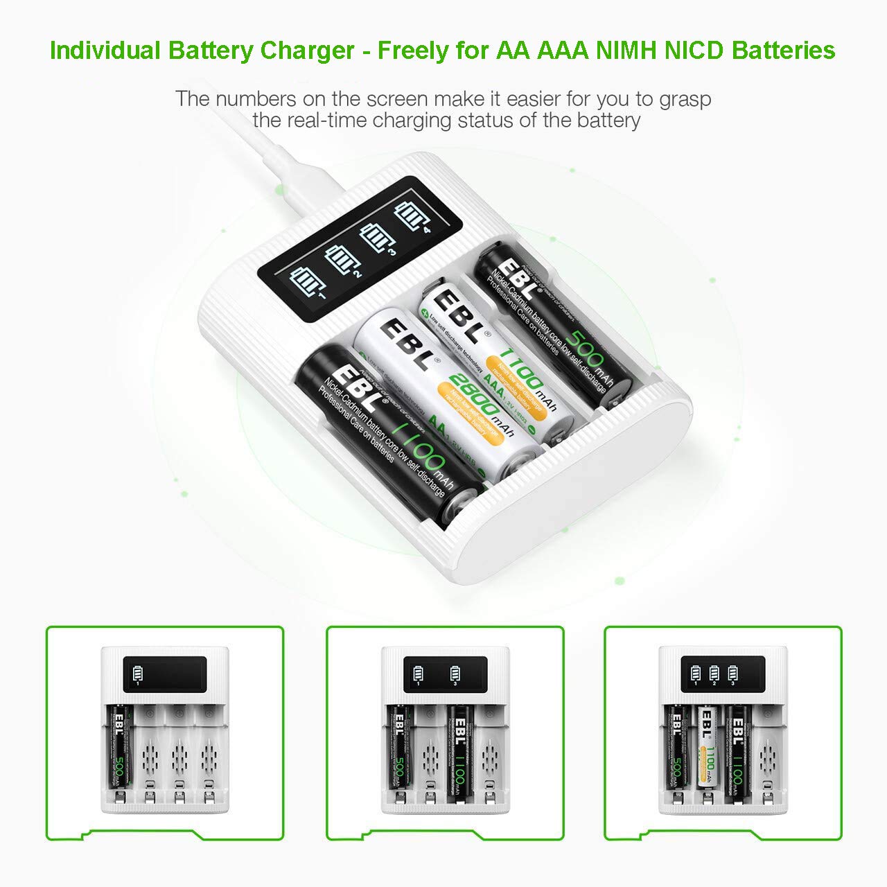 EBL AA AAA Rechargeable Battery 8 Counts with Battery Charger - LCD Smart Charger with 1.2V AA Rechargeable Battery (4pcs) and AAA Batteries (4pcs)