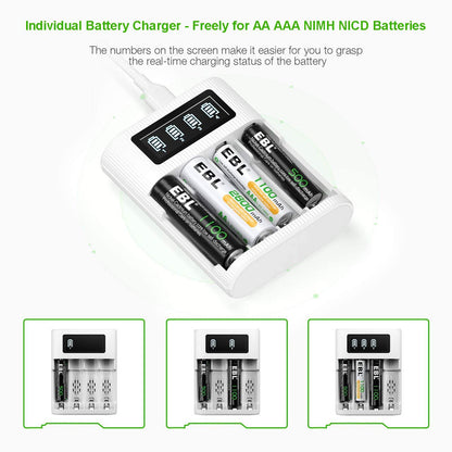 EBL AA AAA Rechargeable Battery 8 Counts with Battery Charger - LCD Smart Charger with 1.2V AA Rechargeable Battery (4pcs) and AAA Batteries (4pcs)