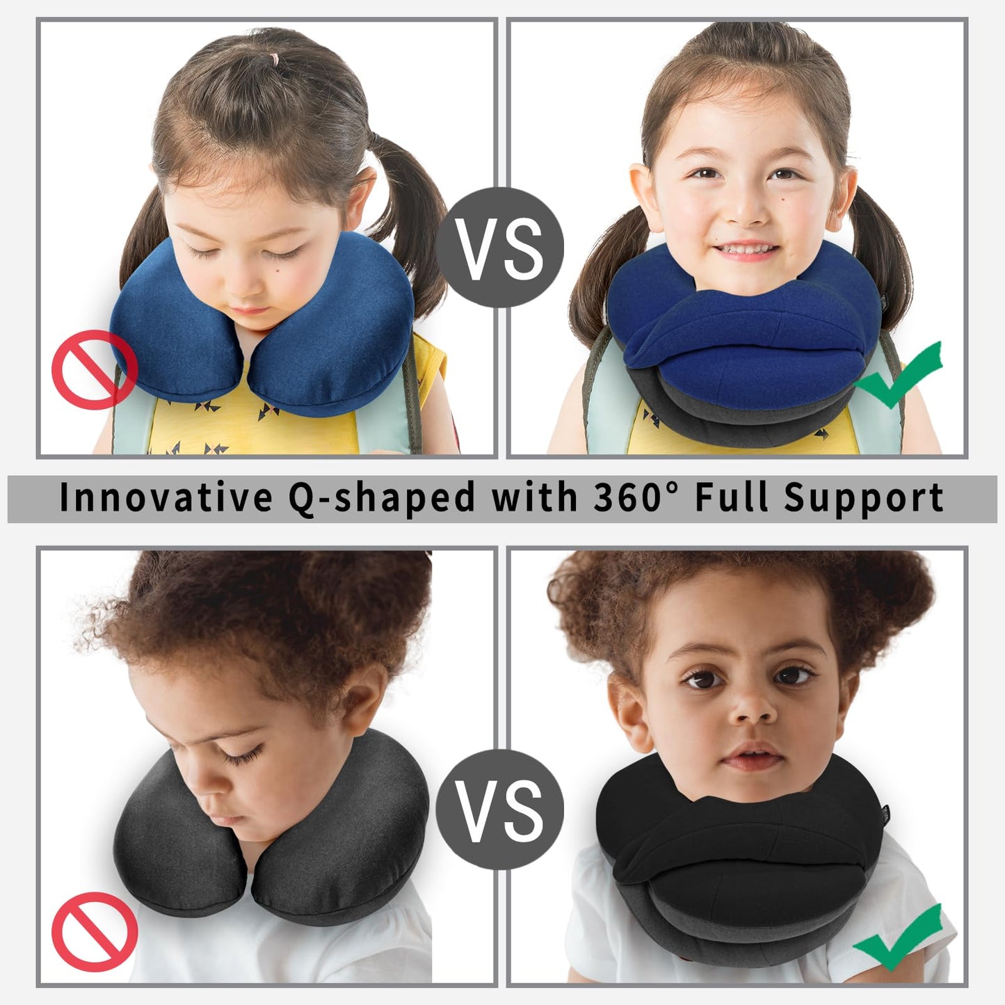 BUYUE Kids Travel Pillows for Airplane, 360° Head Support Sleeping Essentials for Boys Long Flight, Skin-Friendly Soft Neck Pillow for Traveling in Car Seat, (Small, Blue Grey, 40-100 lbs)
