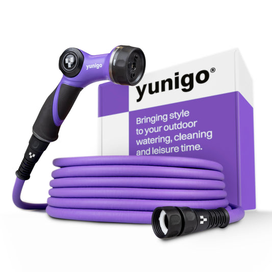 YUNIGO RELAX 100ft Expandable Purple Garden Hose – Lightweight No-Kink Design with Durable Aluminum Couplings, Spray Nozzle & Hose Mender for Home & Garden Watering