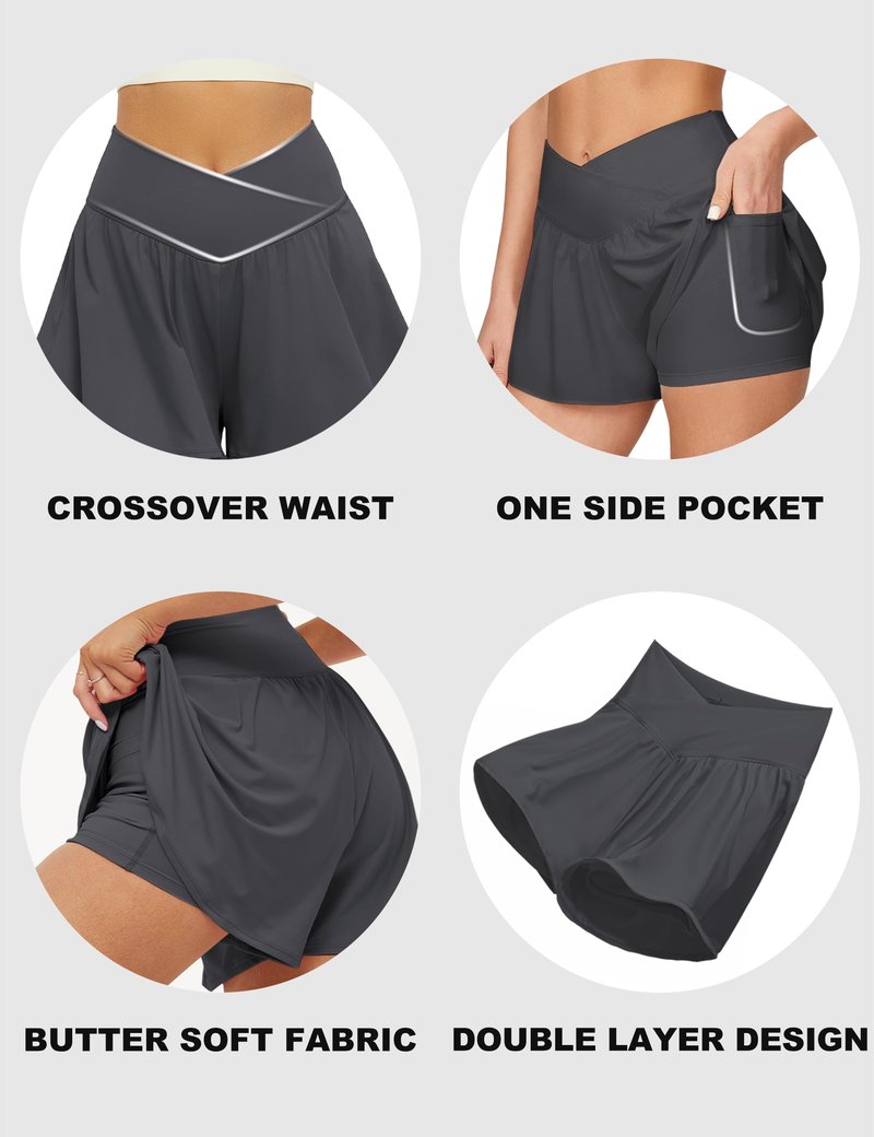 FireSwan Crossover Athletic Shorts for Women 2 in 1 Flowy Running Shorts with Pockets Spandex Butterfly Workout Tennis Skorts Dark Grey