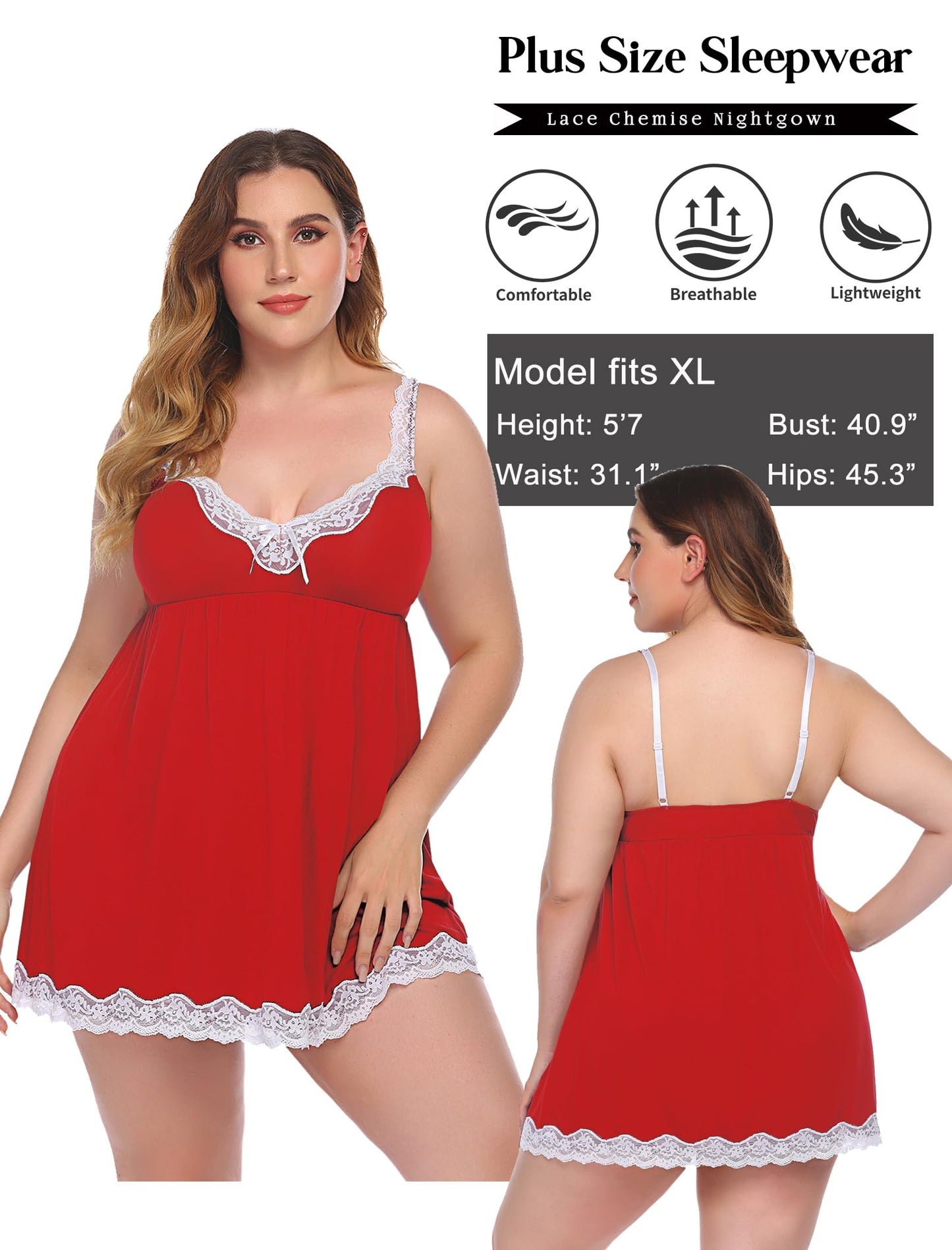 Avidlove Sexy Lingerie for Christmas V Nightgowns Soft Modal Nightie Full Slip Dress Lace Chemise Sleepwear A Red