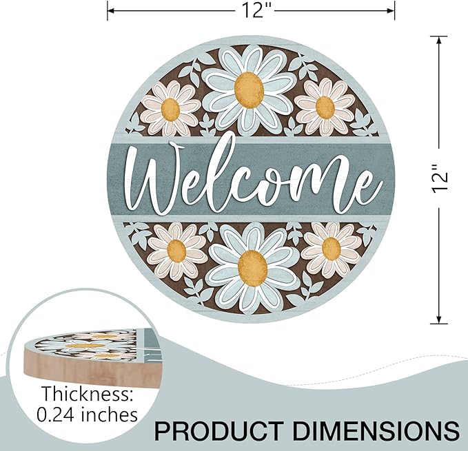 Deroro Welcome Spring Summer Daisy Flower Front Door Sign, Floral Farmhouse Wood Door Hanger Outdoor Outside Porch Decor, Rustic Seasonal Wooden Wreath Indoor Wall Hanging Decoration