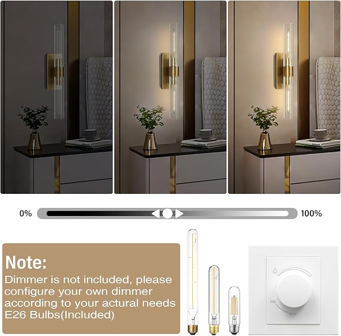Wall Sconces, 22.8" Gold Bathroom Sconces Wall Lighting with Clear Glass, Modern Sconces Wall Decor Brass Light Fixtures for Bathroom Mirror Living Room Hallway Bedroom