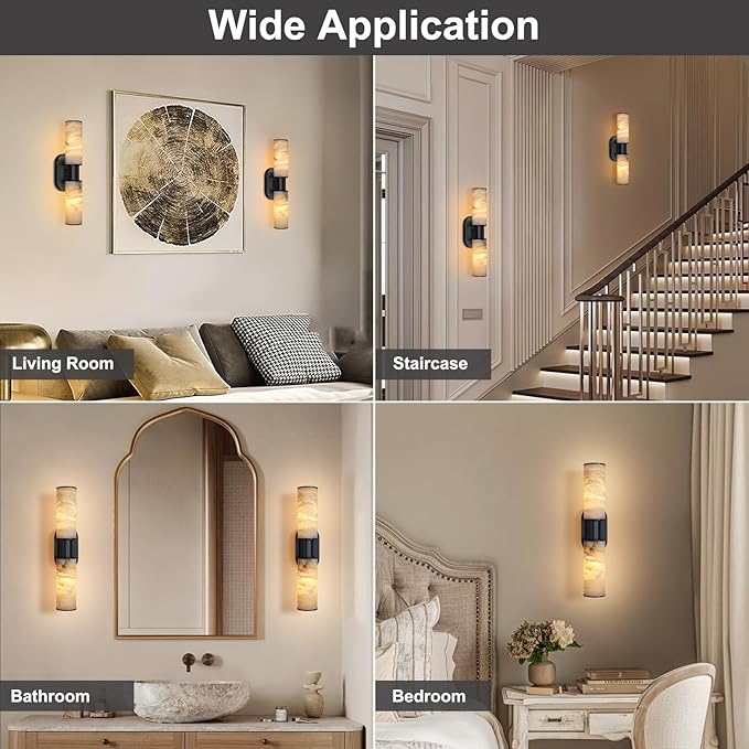 22.2" Alabaster Wall Sconce, Brass Bathroom Wall Sconce, Spanish Natural Marble Sconces Modern Wall Lights Lamps for Bedroom Living Room Stairs Indoor Hallway Vanity, Black