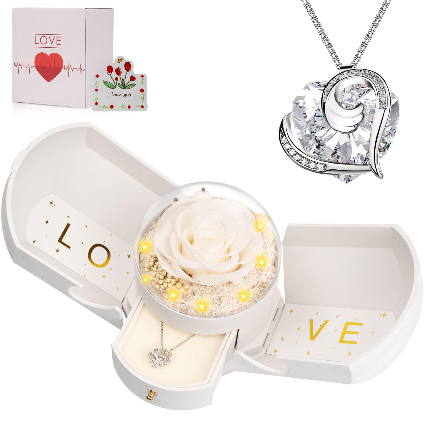 Preserved Real White Rose with Necklace Forever Flowers Rose Valentines Day Gifts for Her Wife Girlfriend Women Mom Grandma on Valentines Mothers Day Sweetest Day Christmas Anniversary Romantic-White