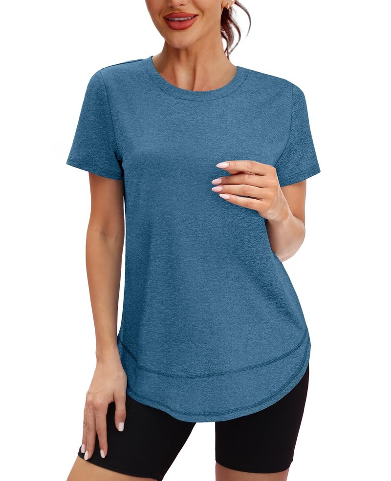 Short Sleeve Shirts for Women Workout Yoga Tops Sun Protection Clothing Summer Outfits Rash Guard Side Slit Blue Green XL
