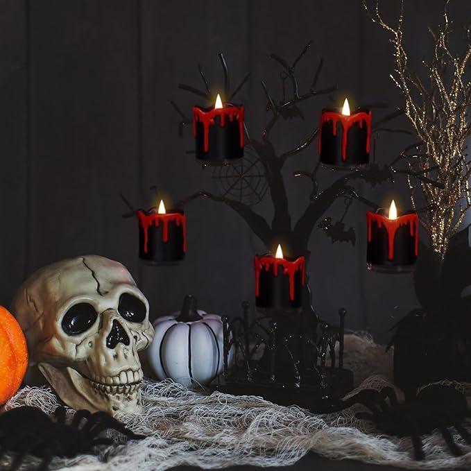 Halloween Flameless Votive Candles with 6H Timer, Black LED Candle Drip Wax, Flickering Tea Lights Candles, Battery Operated Real Wax 6 Pack Φ 2" H 2.3" for Halloween Decorations