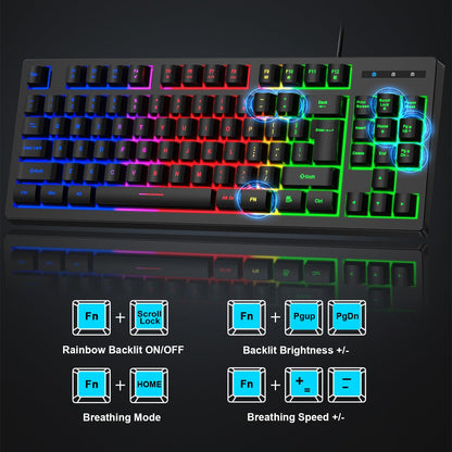 BlueFinger RGB 87 Keys Gaming Keyboard and Backlit Mouse Combo, 75% USB Wired Rainbow Keyboard, Gaming Set for Laptop PC Computer Game and Work