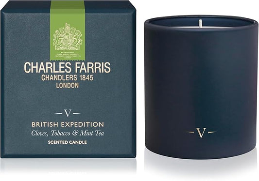 Charles Farris Luxury Scented Candle – 1 Wick, Hand-Poured, Long Lasting, Clean Burning, 210g / 7.5oz, Burns for up to 50 Hours, Made in England – Cloves, Tobacco & Mint Tea – British Expedition