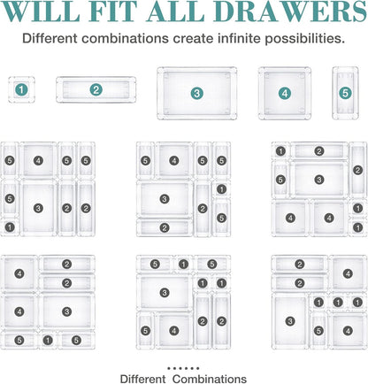 16 PCS Drawer Organizer Set, 5 Varied Size Bathroom and kitchen Drawer cabinet organizer Trays, Clear Storage Bins for Makeup, Jewelry, Utensils and Gadgets