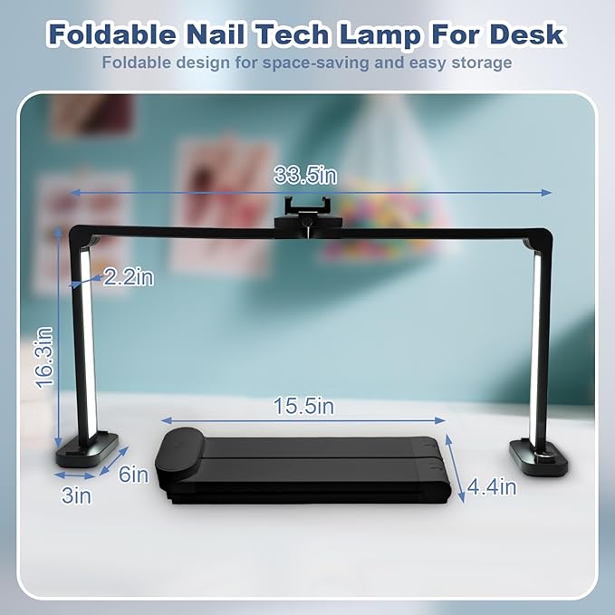 CGBE Foldable Nail Light for Desk with Phone Holder, Ultra-Large 33.5" Manicure Nail Tech Lights for Desk for Nails, Tattoos, Eyelash, Facial, Beauty (Black)