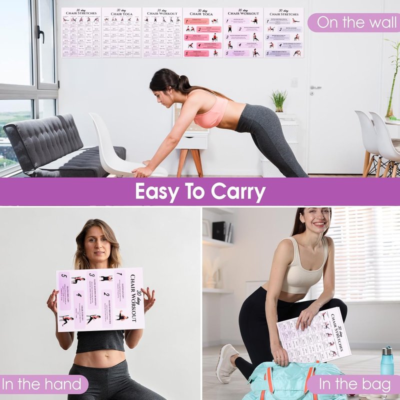 Karlaris 30-Day Chair Yoga Chart Set - 6-Pack Office Workout Posters for Seniors | Gentle Stretching & Seated Exercises