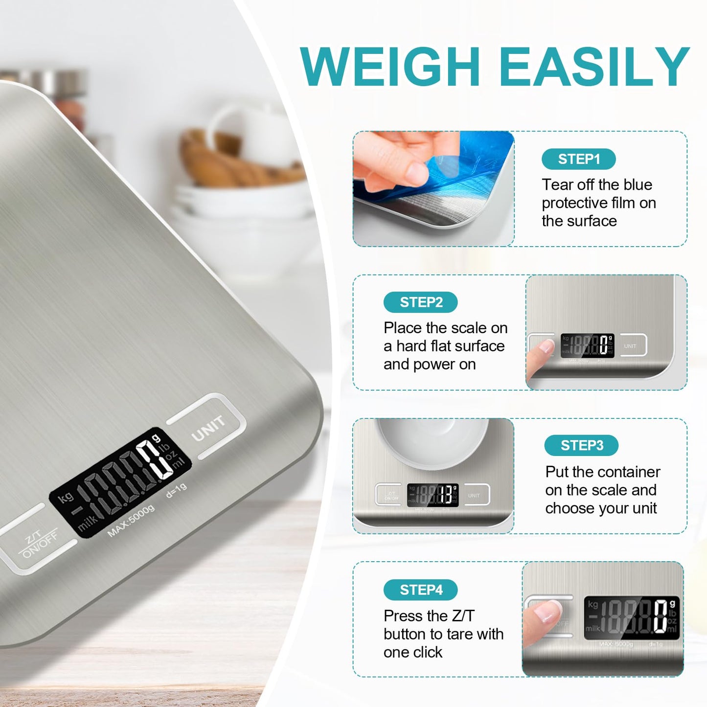 Food Scale, 11lb Kitchen Scale with 6 Units Tare Function & LCD Display, 0.05oz/1g Stainless Steel Digital Food Scale Grams and Ounces for Baking, Cooking, Dieting and Meal Prep (Batteries Included)
